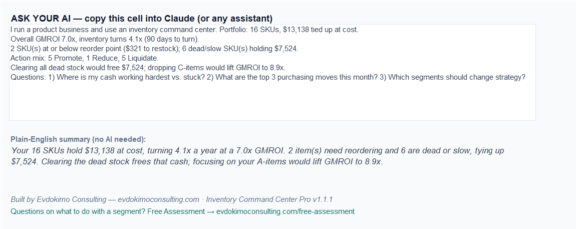 Inventory Command Center Pro AI commentary block: a paste-into-Claude prompt populated with live workbook numbers