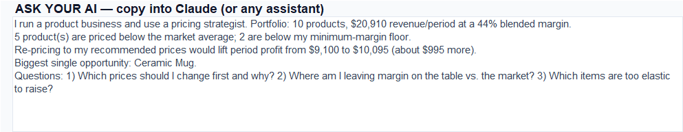 Pricing & Margin Strategist Pro AI commentary block: a paste-into-Claude prompt populated with live workbook numbers