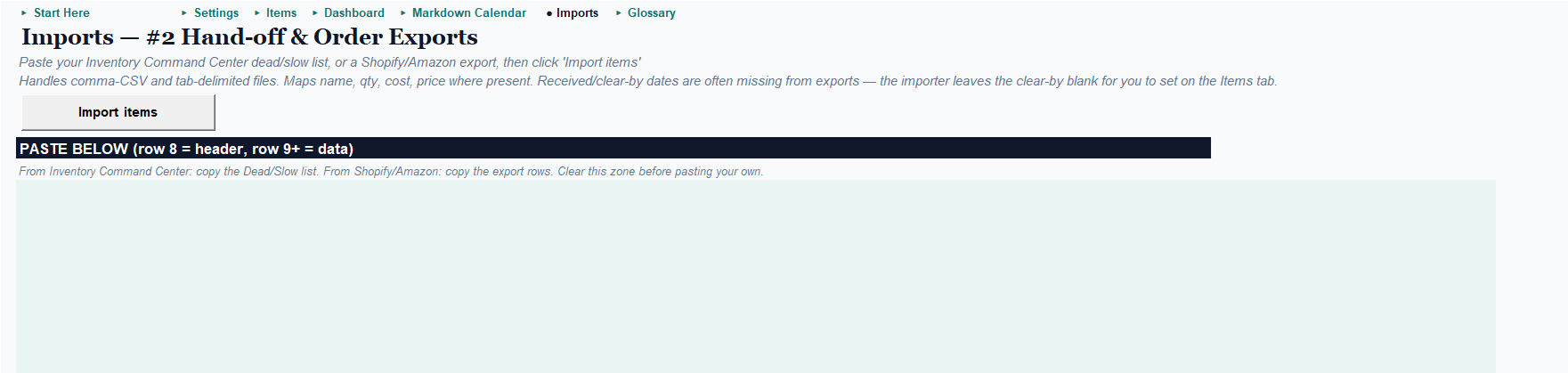 Markdown Optimizer Pro Imports tab: the paste zone for the Inventory Command Center dead-stock list